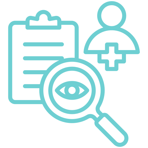 Magnifying glass, clipboard, and person icon.