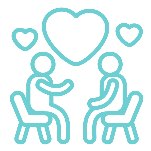 Two people talking with hearts around.