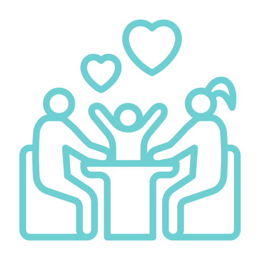 Family dining with hearts above table.