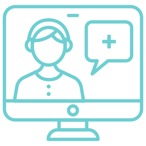 Online support icon with person and speech bubble.